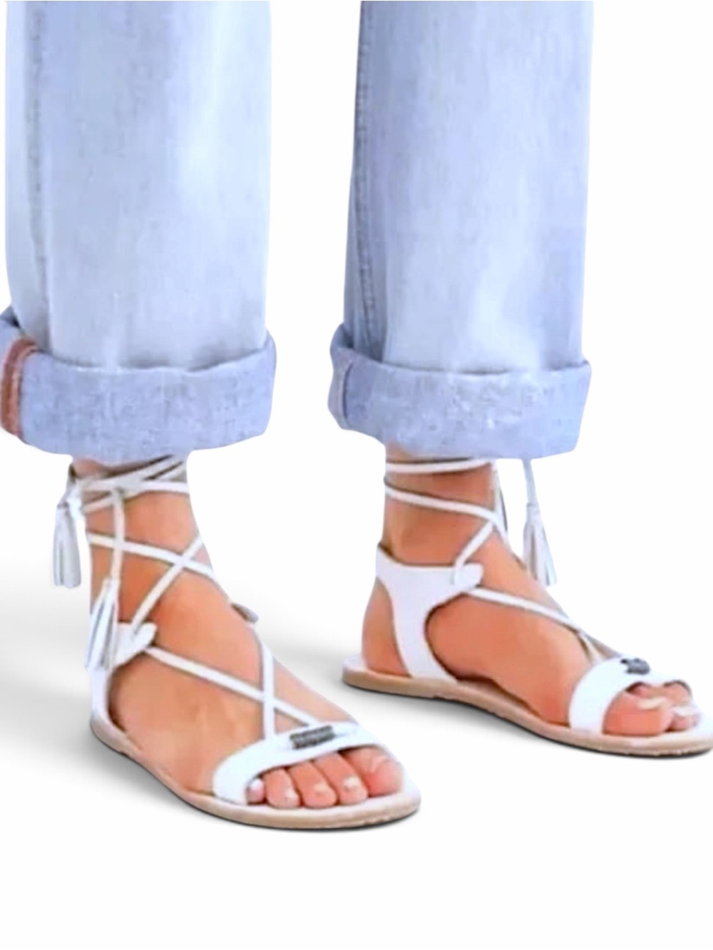 Free People Bryn Marr White Leather Fringe Tassel Beaded Ankle Wrap Sandals NWOT